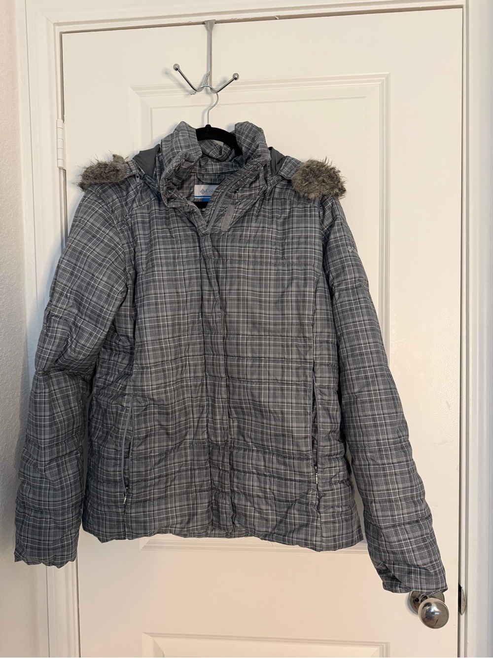 Columbia Women's Gray Plaid Puffer Jacket with Faux Fur Hood